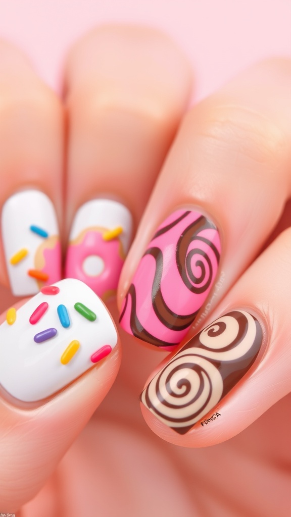 Nails designed to look like snacks, including donuts and candy bars, against a pastel background.